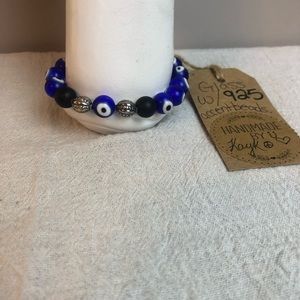 Handmade by: Kayk Blue Glass Evil eye Bracelet w/925 beads 6” stretchy #196